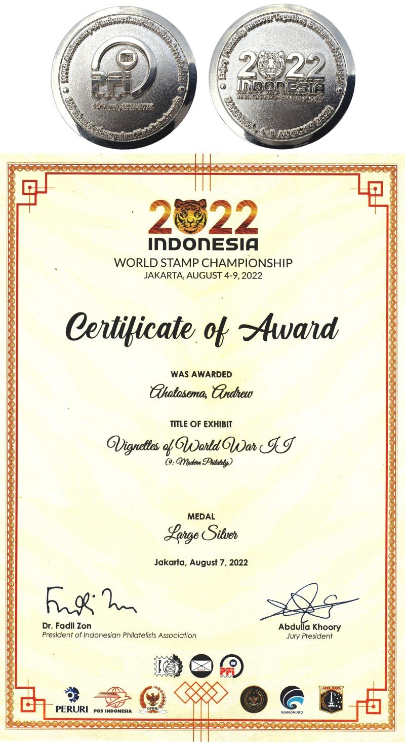 The Large Silver Award won Dr Andrew Ahoto Sema  at the World Stamp Championship held in Jakarta, Indonesia from September 4-9.